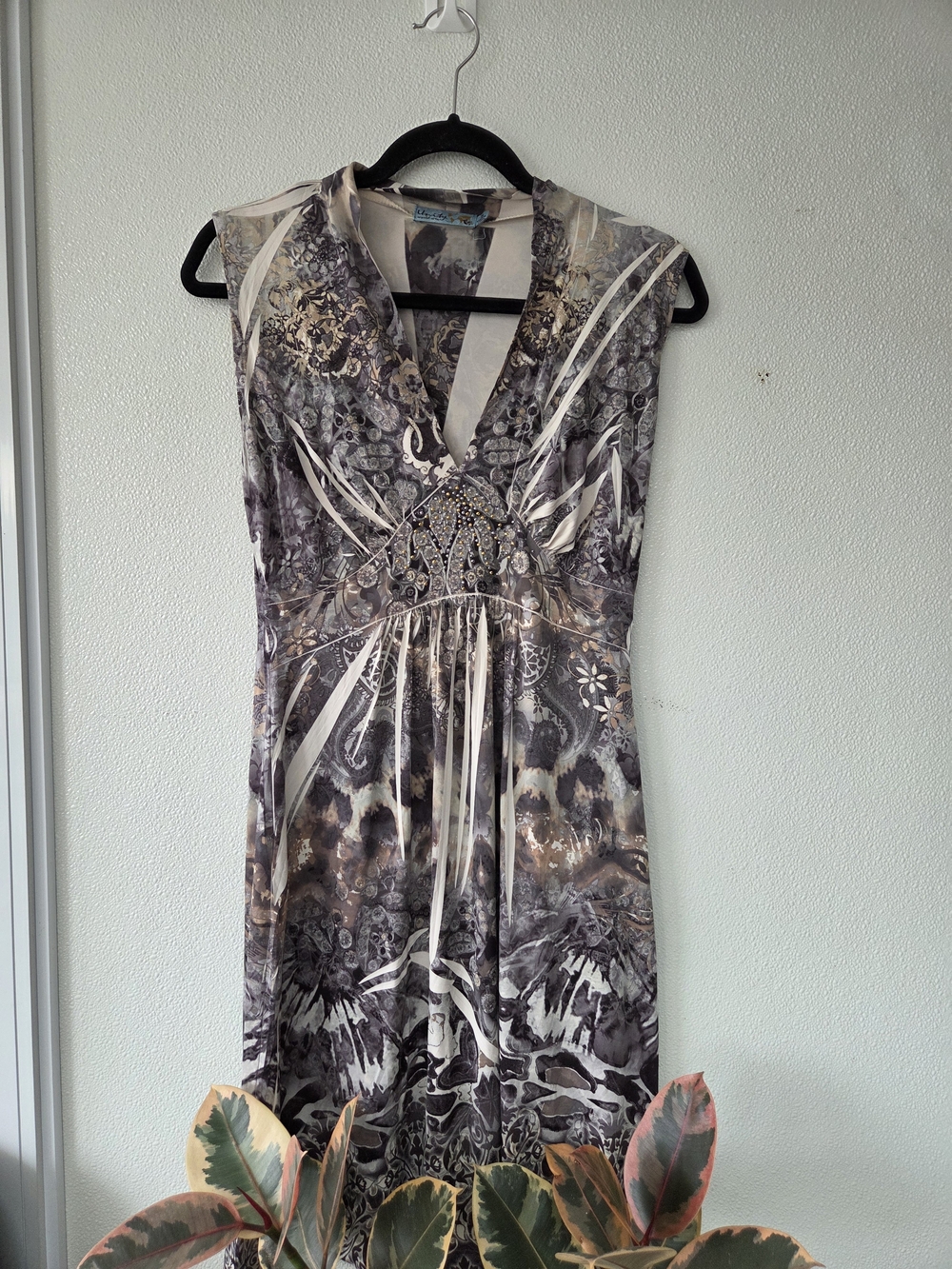 Unity World Wear V-Neck Printed Dress in Gray and Cream with Brown Accents